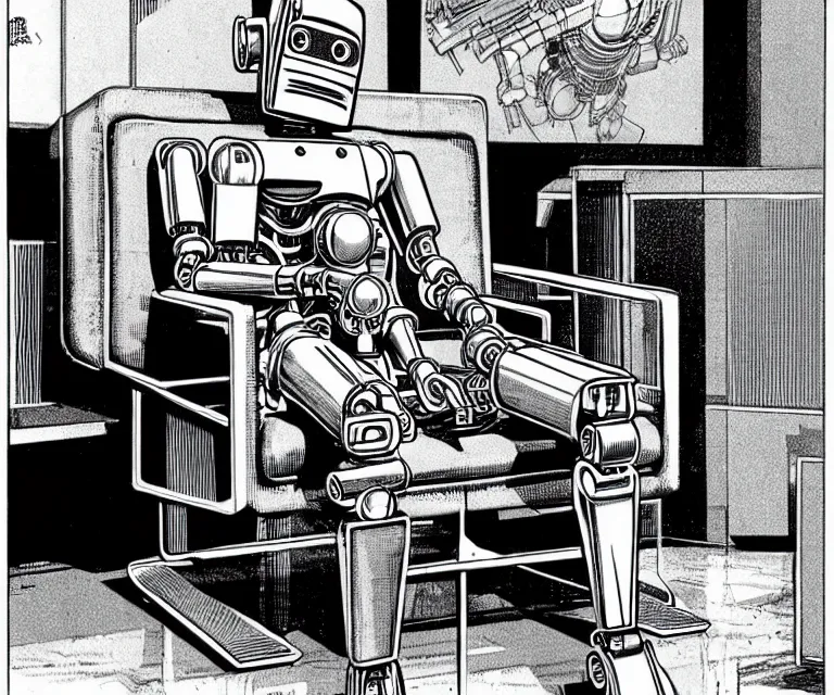 Image similar to robot wearing highly detailed hyperrealism neofuturistic cyberpunk neuralinterface is sitting on a chair, by wally wood and moebius