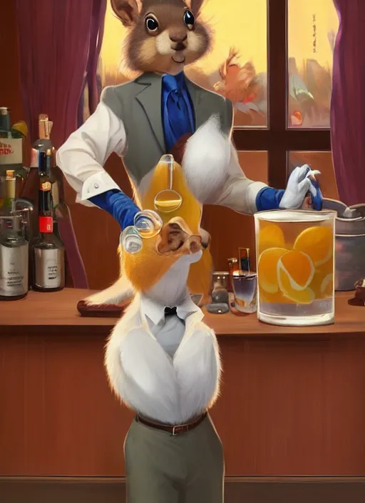 Image similar to squirrel anthro as a dapper bartender with a big, fluffy tail, retro futurism, art deco, detailed, painterly digital art by WLOP and Cory Loftis and Dod Procter, 🐿🍸🍋, furaffinity, trending on artstation