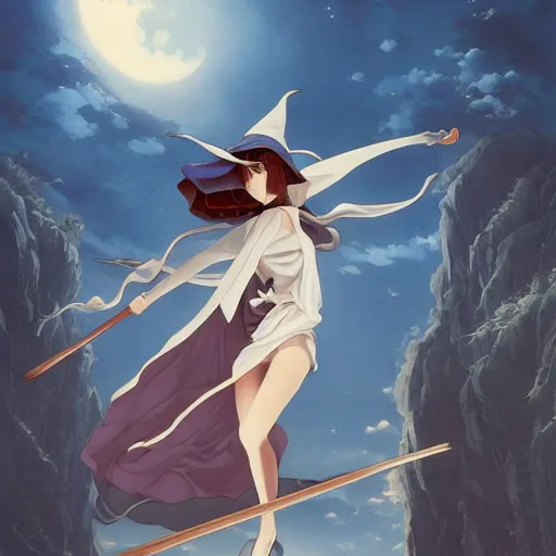 Image similar to a beautiful anime witch flying on a broomstick, cinematic, dramatic, insanely detailed and intricate, elegant, hyper realistic, super detailed, by sam yang, by yoshiyuki tomino, by ralph mcquarrie, by ilya kuvshinov