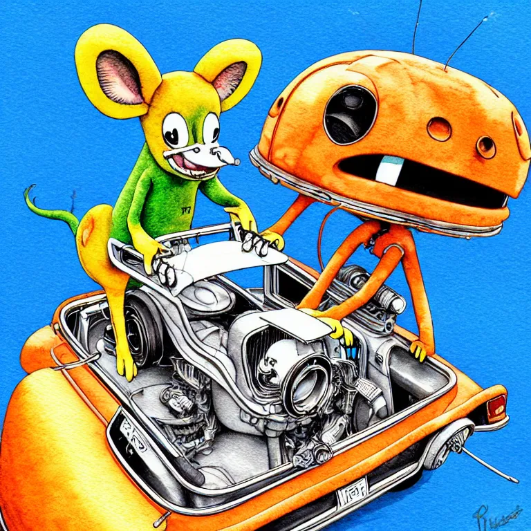 Image similar to cute and funny, kangaroo wearing a helmet riding in a hot rod with oversized engine, ratfink style by ed roth, centered award winning watercolor pen illustration, isometric illustration by chihiro iwasaki, edited by range murata, tiny details by artgerm and watercolor girl, symmetrically isometrically centered, sharply focused