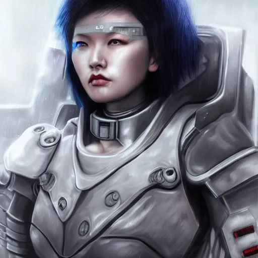 Image similar to An epic fantastic realism comic book style portrait painting of a female cyber warrior, dieselpunk armor, korean girl, white hair, porcelain pale skin, cyberpunk color raining tokyo everywhere, Concept world Art, unreal 5, DAZ, hyperrealistic, octane render, cosplay, RPG portrait, dynamic lighting