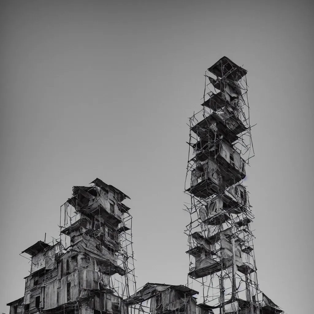 Image similar to close - up view of a large tower, made up of suspended makeshift squatter shacks, faded colours, neutral sky, dystopia, canon 5 d markiii, very detailed, ultra sharp, photographed by ansel adams