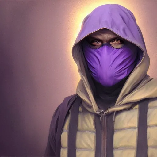 Image similar to ultra realistic illustration, man in a black hood, in a striped purple balaclava, mysterious, highly detailed, digital painting, artstation, concept art, smooth, sharp focus, illustration, art by artgerm and greg rutkowski and alphonse mucha