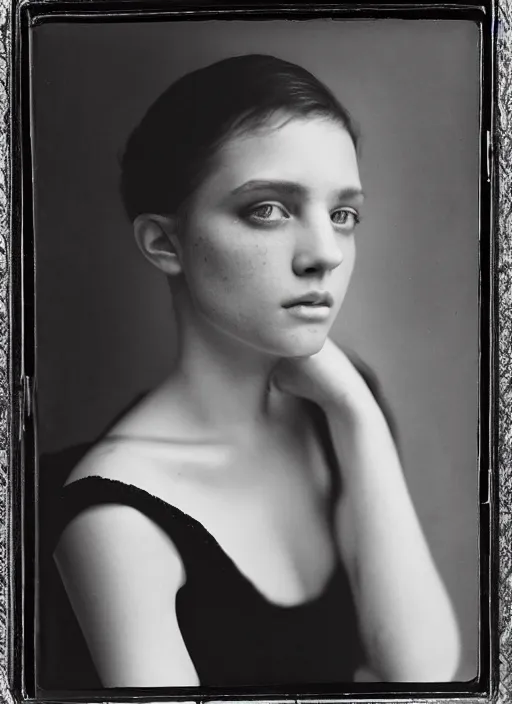 Prompt: portrait of a young women with beautiful eyes, photo realistic, elegant, award winning photograph, cinematic lighting, ambrotype wet plate collodion by richard avedon and shane balkowitsch