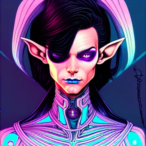 Image similar to portrait painting of a cyberpunk androgynous elf with beautiful flowing black hair and eyes, sharp focus, award - winning, trending on artstation, masterpiece, highly detailed, intricate. art by josan gonzales and moebius and deathburger