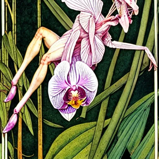 Prompt: orchid mantis by William Morris and Carlos Schwabe