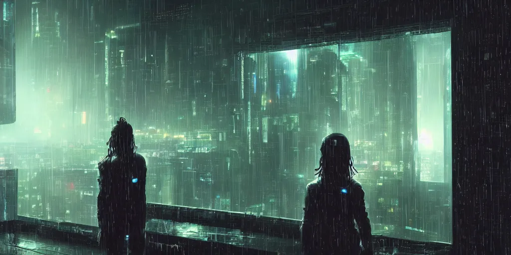 Image similar to one cyber person of cosmic nebula galaxy watching a rainy cyberpunk futuristic city from behind at night through a window, 4 k, photorealistic, wet, highly detailed, cinematic moody by ridley scott, trending on artstation, glowing and epic