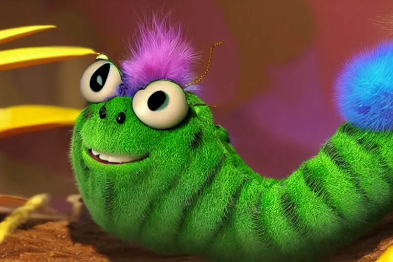 Image similar to disney pixar's a bug's life, cgi caterpillar colorful, furry caterpillar