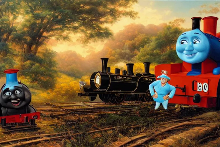 Image similar to elton john playing a piano on top of thomas the tank engine, an oil painting by ross tran and thomas kincade