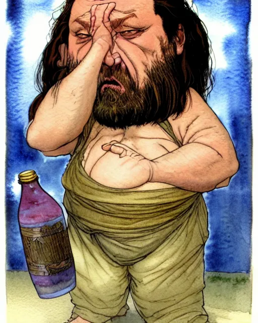 Prompt: a realistic and atmospheric watercolour fantasy character concept art portrait of a fat, chibi qui - gon jinn drinking out of a bottle with pink eyes wearing a wife beater. by rebecca guay, michael kaluta, charles vess and jean moebius giraud