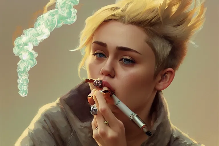 Image similar to Miley Cyrus smoking a joint, highly detailed, digital painting, artstation, concept art, smooth, sharp focus, illustration, art by Krenz Cushart and Artem Demura and alphonse mucha