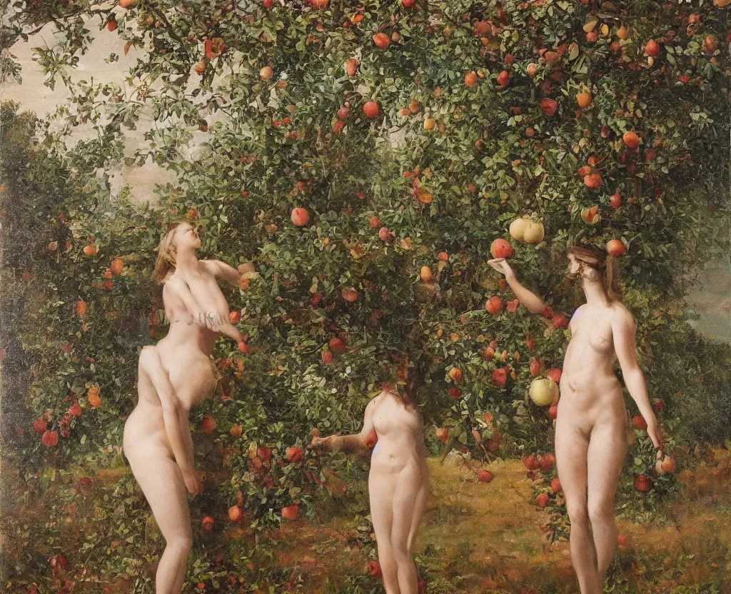 Prompt: A beautiful naturist woman stands on the side of a lonely apple tree facing the camera holds apple in hand, classical painting, symmetrical, realism, golden hour