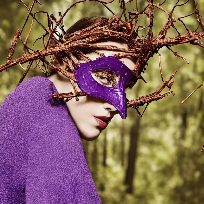 Prompt: a woman with a mask made of purple twigs standing in a forest, golden hour, vogue magazine