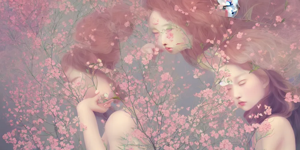 Prompt: delicate detailed concept art painting pattern blend of flowers and girls, by hsiao - ron cheng, bizarre compositions, exquisite detail, pastel colors, 8 k