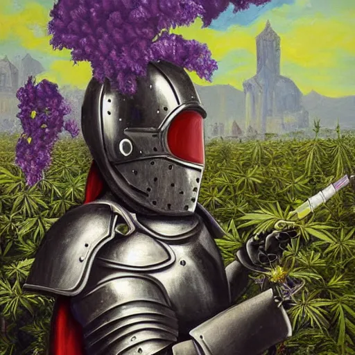 Image similar to a high detailed oil painting of a full armored knight smoking a joint in a field of purple cannabis plants