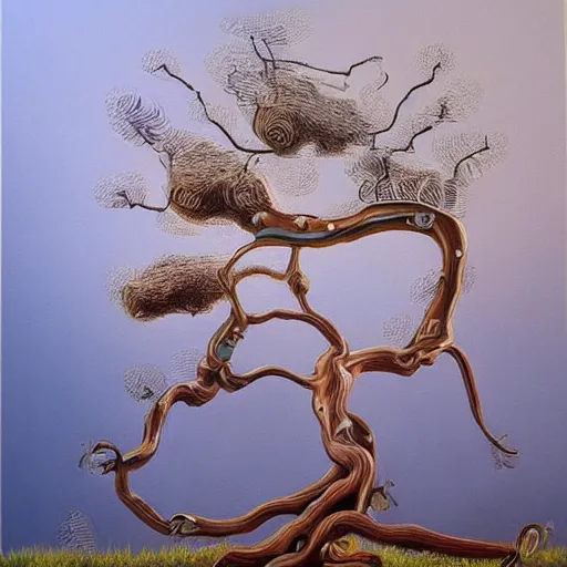 Image similar to Trending on artstation, highly detailed oil painting of a tree, in the style of Salvador Dalí
