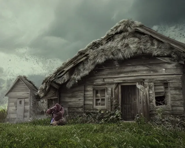 Image similar to of a very beautiful scene. ambient occlusion render. a sweet fat old woman is giving birth to her broken house. hyper realistic. 4 k. wide angle. wild. symmetrical face, red mouth, blue eyes. deep focus, lovely scene. ambient occlusion render. concept art. unreal engine.