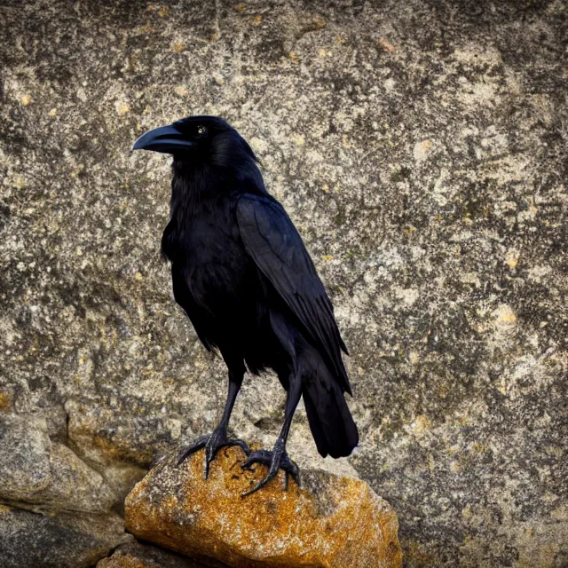 Prompt: crow on a rock, nature photography, wildlife photography canon, sony, nikon, olympus, 4 k, hd, telephoto, award winning, depth of field, golden hour