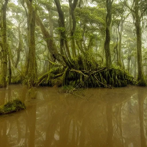 Prompt: hilly island in the middle of a misty fairy swamp, the island has legs, walking island with legs, walking on its legs