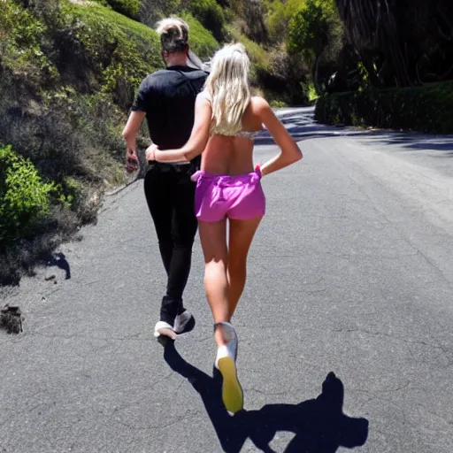 Prompt: a photo taken by a stalker chasing a blonde girl in hollywood hills,