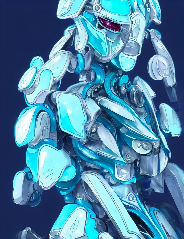 Image similar to a detailed manga portrait of an aquamarine and topaz crystalline mech with ruby crystal armour plating, trending on artstation, digital art, 4 k resolution, detailed, high quality, sharp focus, hq artwork, coherent, insane detail, character portrait