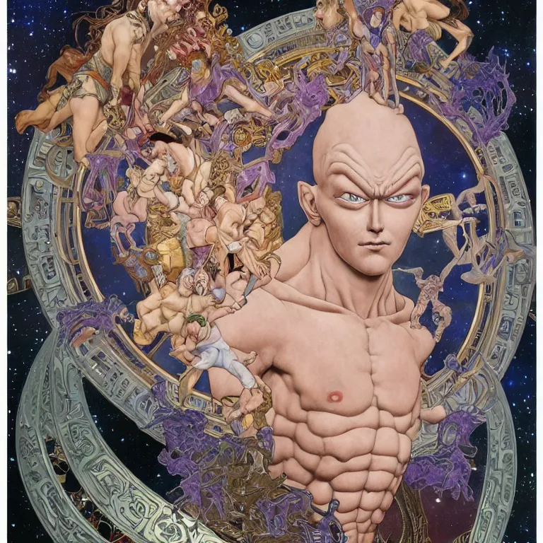 Image similar to portrait of Frieza made with porcelain by Jeff Easley and Peter Elson + beautiful eyes, beautiful face + symmetry face + border and embellishments inspiried by alphonse mucha, fractals in the background, galaxy + baroque, gothic, surreal + highly detailed, intricate complexity, epic composition, magical atmosphere + masterpiece, award winning + trending on artstation