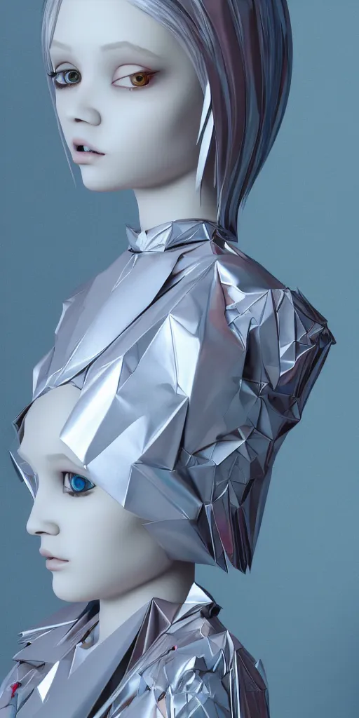 Image similar to porcelain doll woman colorful reflective metal couture dress, silver coins, paper origami, video game arcade, tropical lighting, 3D, very detailed, octane render, trending ArtStation, artgem