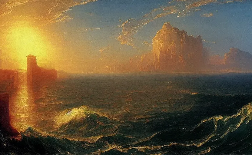 Image similar to a city of light and gold under the ancient runs of the ocean painted by thomas cole