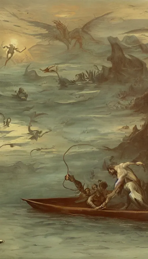 Image similar to man on boat crossing a body of water in hell with creatures in the water, sea of souls, by fortiche studio