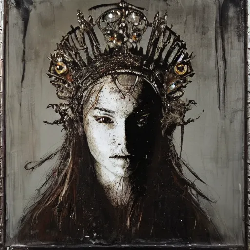 Prompt: Artemixel, the modern reincarnation of the old selenium god of hunt and moon, also known as Artemis the Selene, carrying the celebrated Crown of the Crescent Moon, wich its usual bright and slightly bluish crescent like the brightness of the night. Portrait by Nicola Samori, oil on canvas