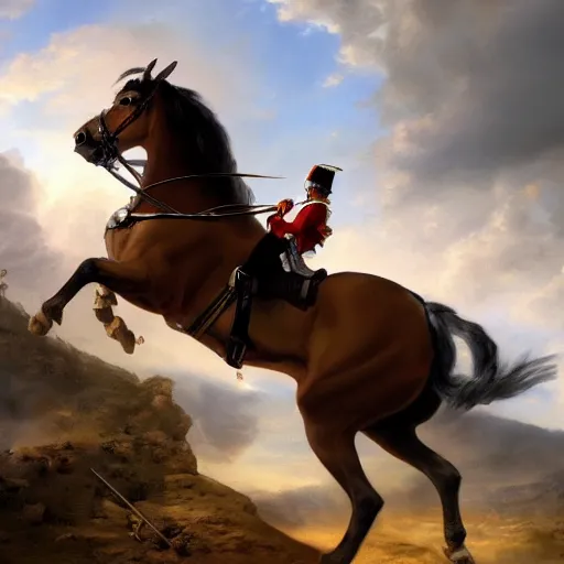 Image similar to gopro footage of napoleon on his horse fighting in waterloo, trending artstation, hyper realistic, very detailed, dramatic scene, realistic lighting, anime, 4 k