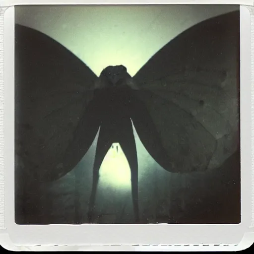 Prompt: Real Polaroid photo of Mothman perched on a bridge, red glowing eyes