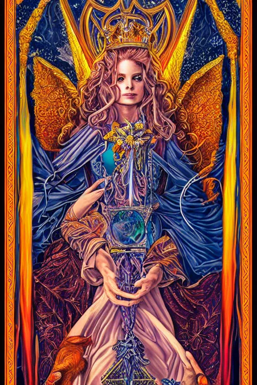 Prompt: beautiful tarot card of the queen of dreams by dan mumford and carol bak and alex grey, oil on canvas, intricate, symmetrical, portrait, 8k highly professionally detailed, HDR, CGsociety