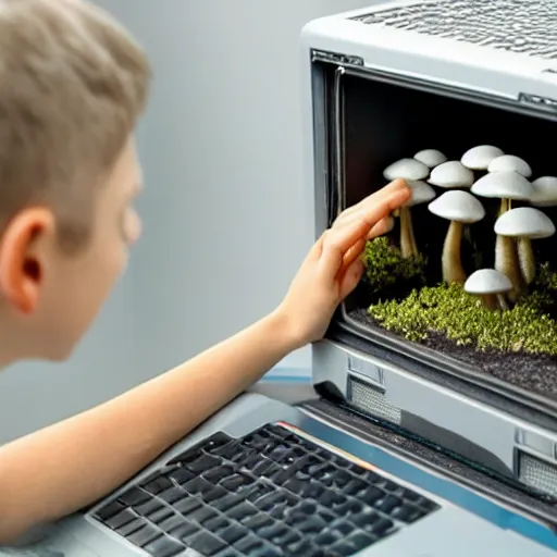 Prompt: tiny mushroom man explores an open computer case