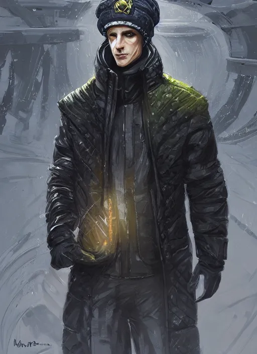 Image similar to patrick fabian wearing a black supreme puffer jacket and a beanie, elegant, digital painting, concept art, smooth, sharp focus, illustration, from starcraft by ruan jia and mandy jurgens and artgerm and william - adolphe bouguerea