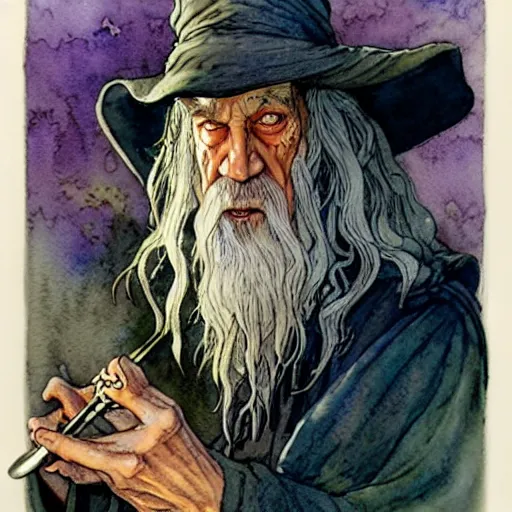 Image similar to a realistic and atmospheric watercolour fantasy character concept art portrait of gandalf with bloodshot eyes smoking a pipe looking at the camera by rebecca guay, michael kaluta, charles vess and jean moebius giraud