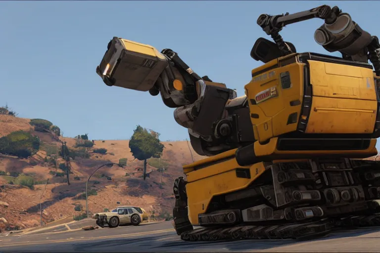Image similar to wall - e in grand theft auto 5, heavy detailed, ultra high definition quality, gta 5 game engine graphics
