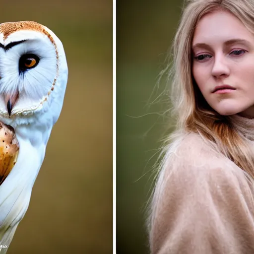 Image similar to symmetry!! portrait photograph shot on petzval lens of an extremely pretty!!! young blonde female with symmetric face. with a very detailed barn owl!!!!! on her shoulder. in iceland. shallow depth of field. featured on flickr, art photography,