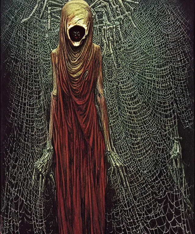 Image similar to a woman standing all covered in spiders. arachnophobia, fear of spiders, incredible number of spiders. extremely high details, many spider paws and eyes, realistic, horror, creepy, web, masterpiece, colorful art by zdzislaw beksinski, arthur rackham, dariusz zawadzki, ed binkley