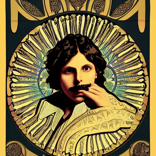 Prompt: a detailed portrait of michael cera as an old west villain, long twirling moustache, by alphonse mucha and arthur mucha, god rays, intricate detail, cinematic, 8 k, featured on artstation, pixiv