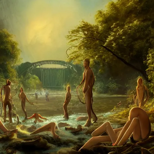 Image similar to a cinematic painting of alien tentacles emerging from the water of a river, hoards of people are gathering around the riverbed, fire blowing the leaves from the trees