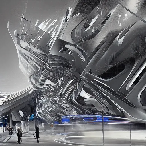 Image similar to sci-fi : zaha hadid : wall structure : logotype : and car on : the coronation of napoleon : and : digital billboard : in the middle in dark atmosphere : artwork by :Ruan Jia : Sheng Lam :