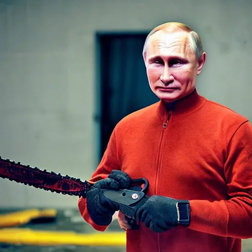 Image similar to putin with a chainsaw and a corpse. in a concrete bunker. focus on putins face with blood splatters. canon eos r 3, f / 1. 4, iso 1 6 0 0, 1 / 8 0 s, 8 k, raw, grainy