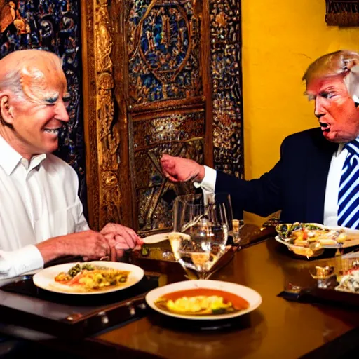 Image similar to donald Trump and joe Biden having dinner at a fancy Balinese restaurant, award winning photography, 85mm, perfect faces