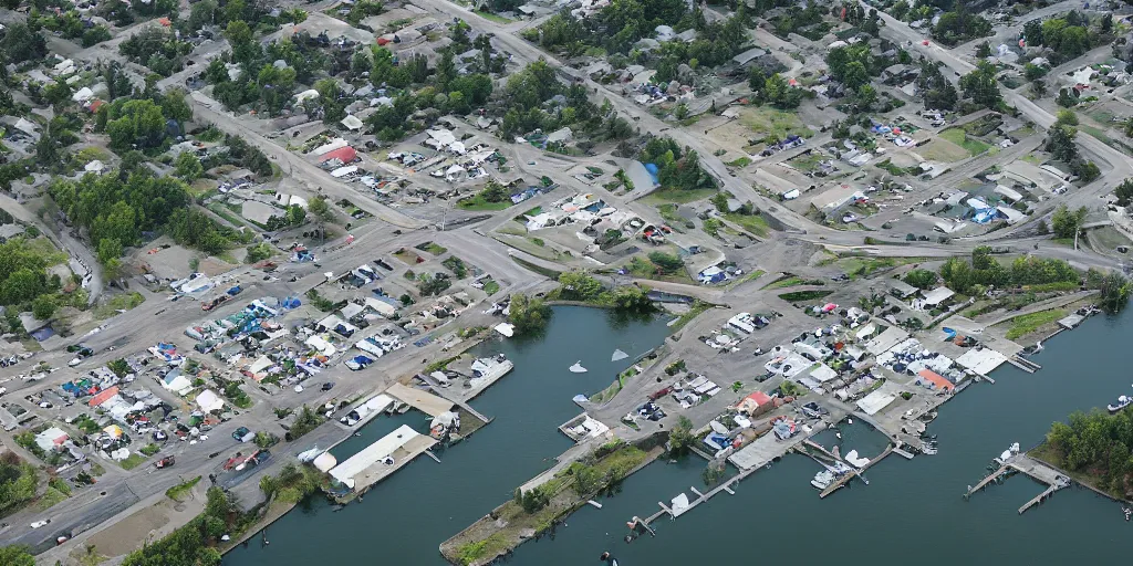 Image similar to bird's eye view of a small city, trailer park, a road, bridge, and inlet with docking area. town hall. photography