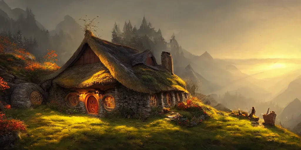 Image similar to a hobbit cottage on top of a steep hill, greg rutkowski, zabrocki, moebius, karlkka, jayison devadas, highly detailed, autumn sunlights, smoky atmosphere, ( ray of sunlight ), trending on artstation, 8 k, ultra wide angle, zenith view, pincushion lens effect