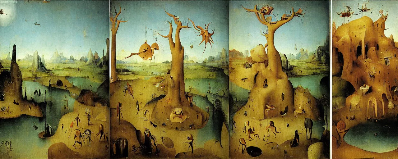 Prompt: Desert Oasis Triptych by Hieronymus Bosch, surreal oil painting, highly detailed, dream like, masterpiece
