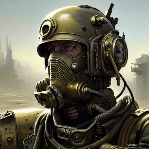 Image similar to portrait painting of a post - apocalyptic blonde older male soldier wearing dieselpunk power armor, ultra realistic, concept art, intricate details, eerie, highly detailed, photorealistic, octane render, 8 k, unreal engine. art by artgerm and greg rutkowski and charlie bowater and magali villeneuve and alphonse mucha