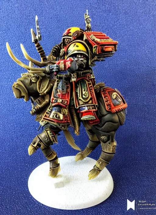 Image similar to 8 0 mm resin detailed miniature of a warhammer 4 0 k space marine riding a moose, product introduction photos, 4 k, full body,