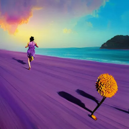 Image similar to portrait, giant purple dahlia flower head, woman running at the beach, surreal photography, sunrise, blue sky, dramatic light, impressionist painting, digital painting, artstation, simon stalenhag